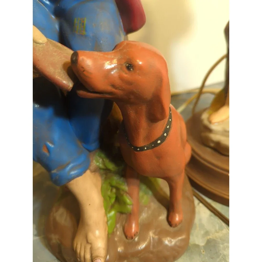 (2) Vintage Large 2' Tall Hand Painted Ceramic Table Lamp Boy With Puppies